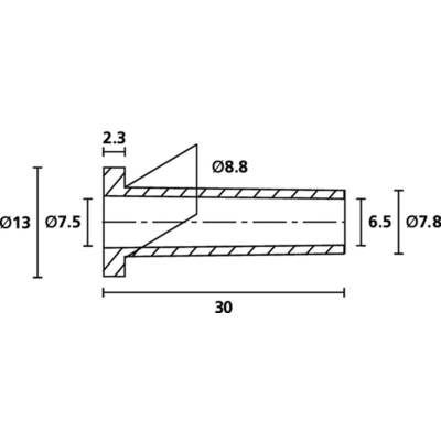 Technische Zeichnung eines zylindrischen Teils mit Maßen: Länge 30 mm, Durchmessern 13 mm, 8,8 mm, 7,5 mm, 7,8 mm, und eine Öffnung von 2,3 mm.