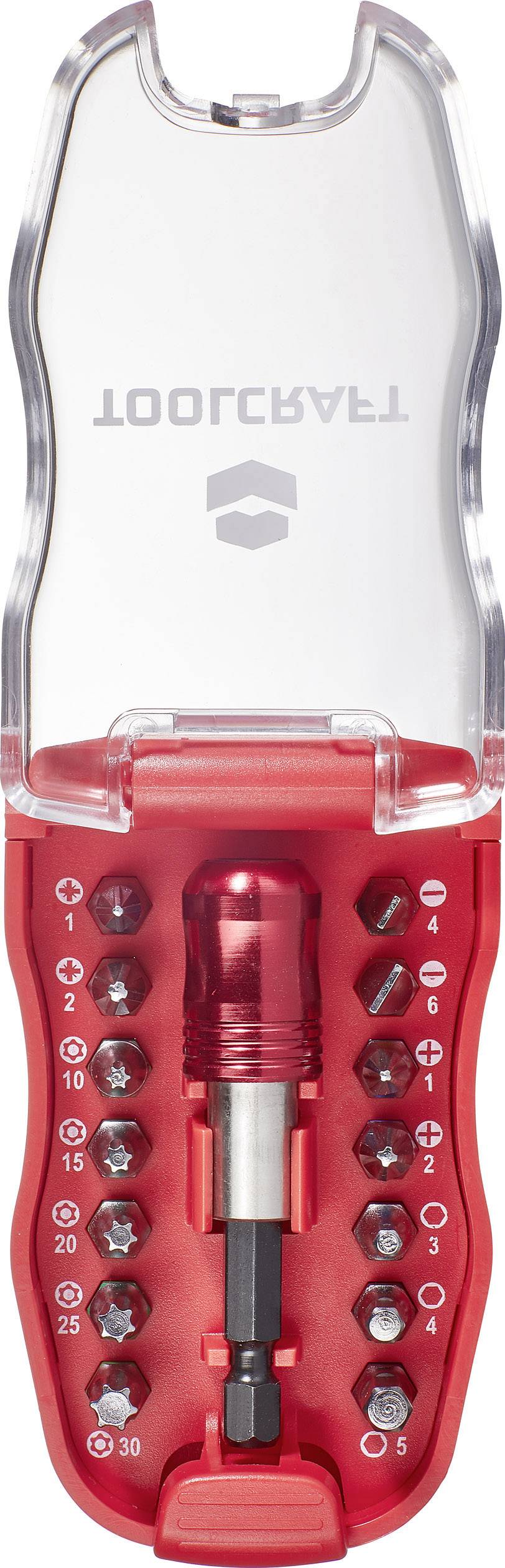 'TRAADLOOT' Schraubenbit-Set mit rotem Griff, transparentem Deckel und verschiedenen Bits. Geeignet für diverse Schraubarbeiten.