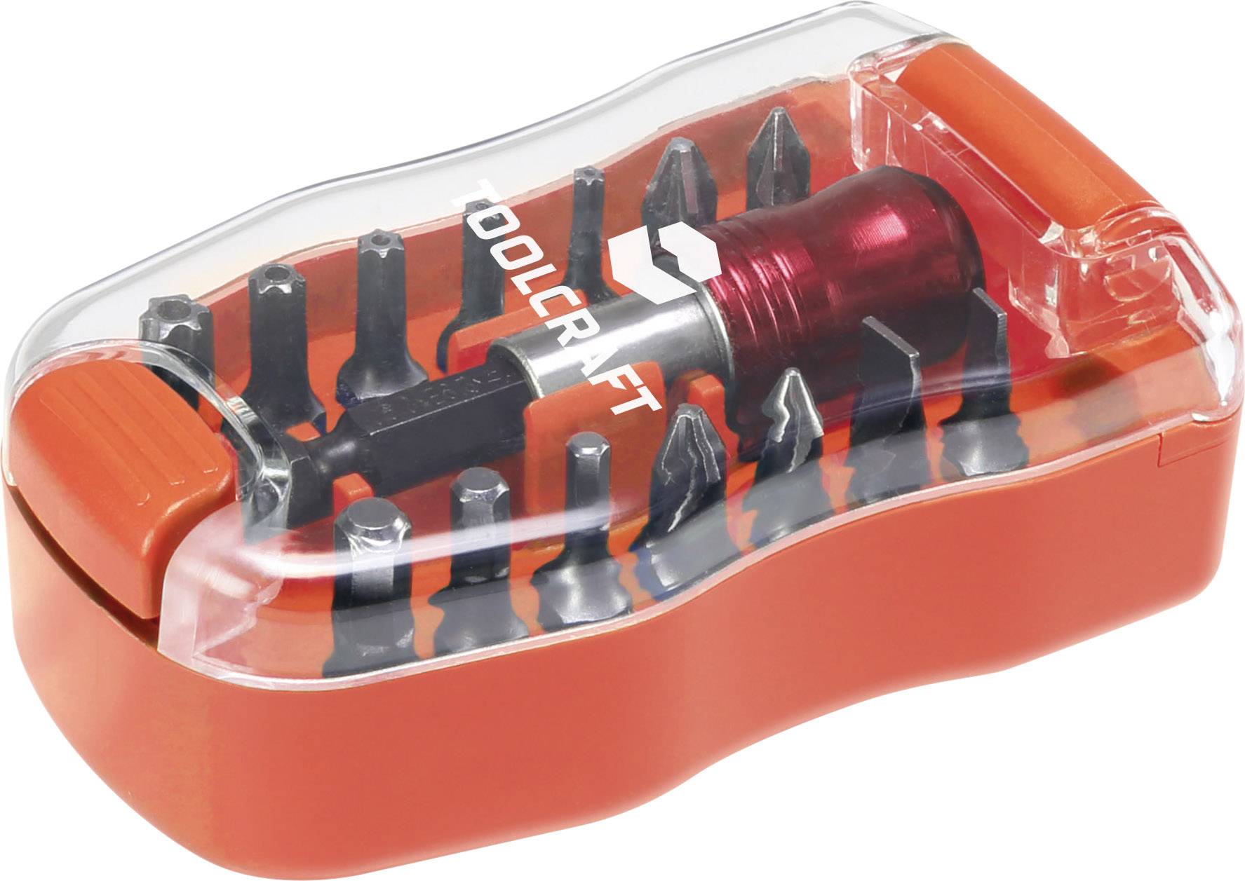 Ein rot-schwarzes Bit-Set von TOOLCRAFT mit verschiedenen Aufsätzen in einer durchsichtigen Kunststoffbox. Ideal für Handarbeiten.