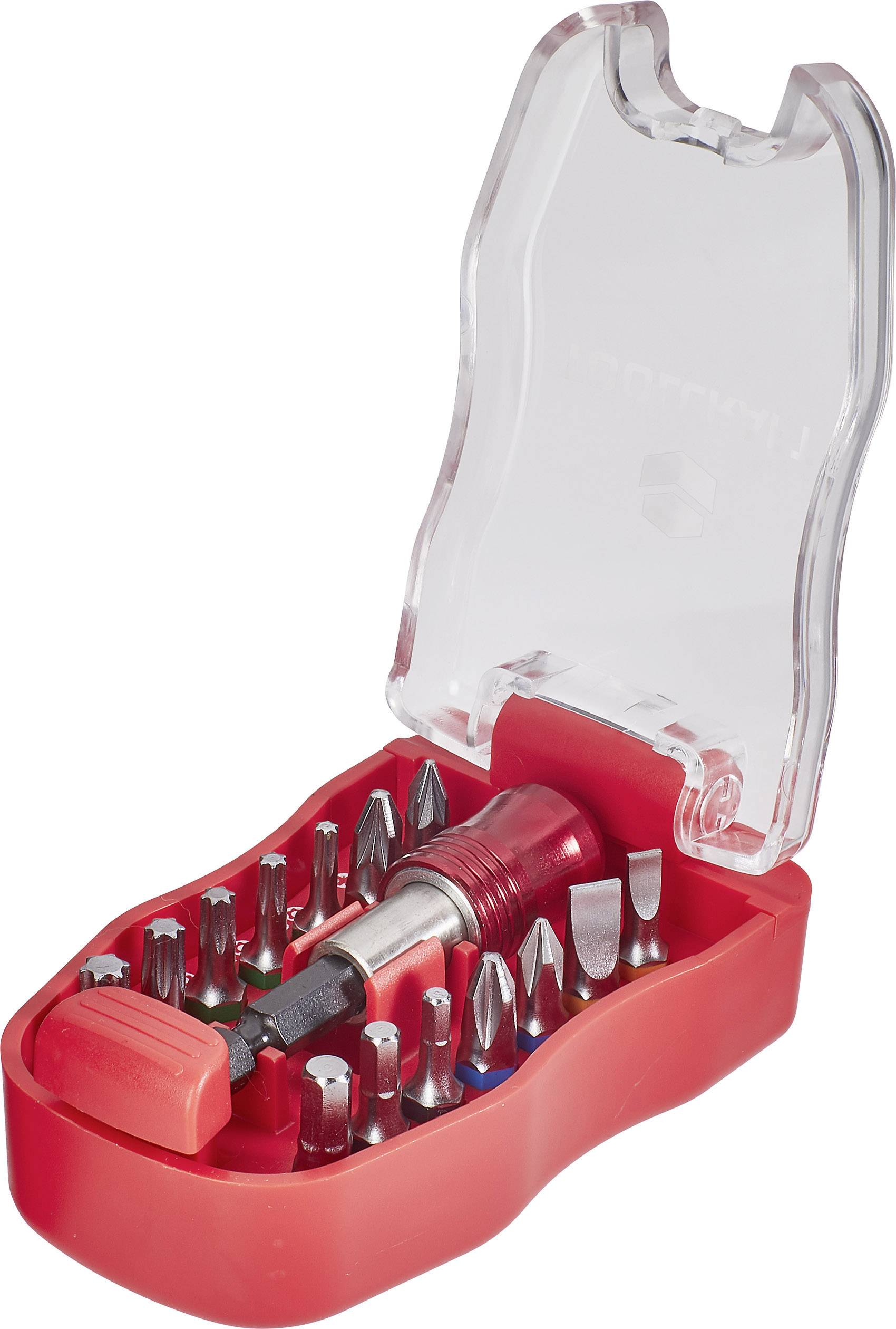 Roter Schraubendrehersatz mit durchsichtigem Deckel, enthält verschiedene auswechselbare Bits.