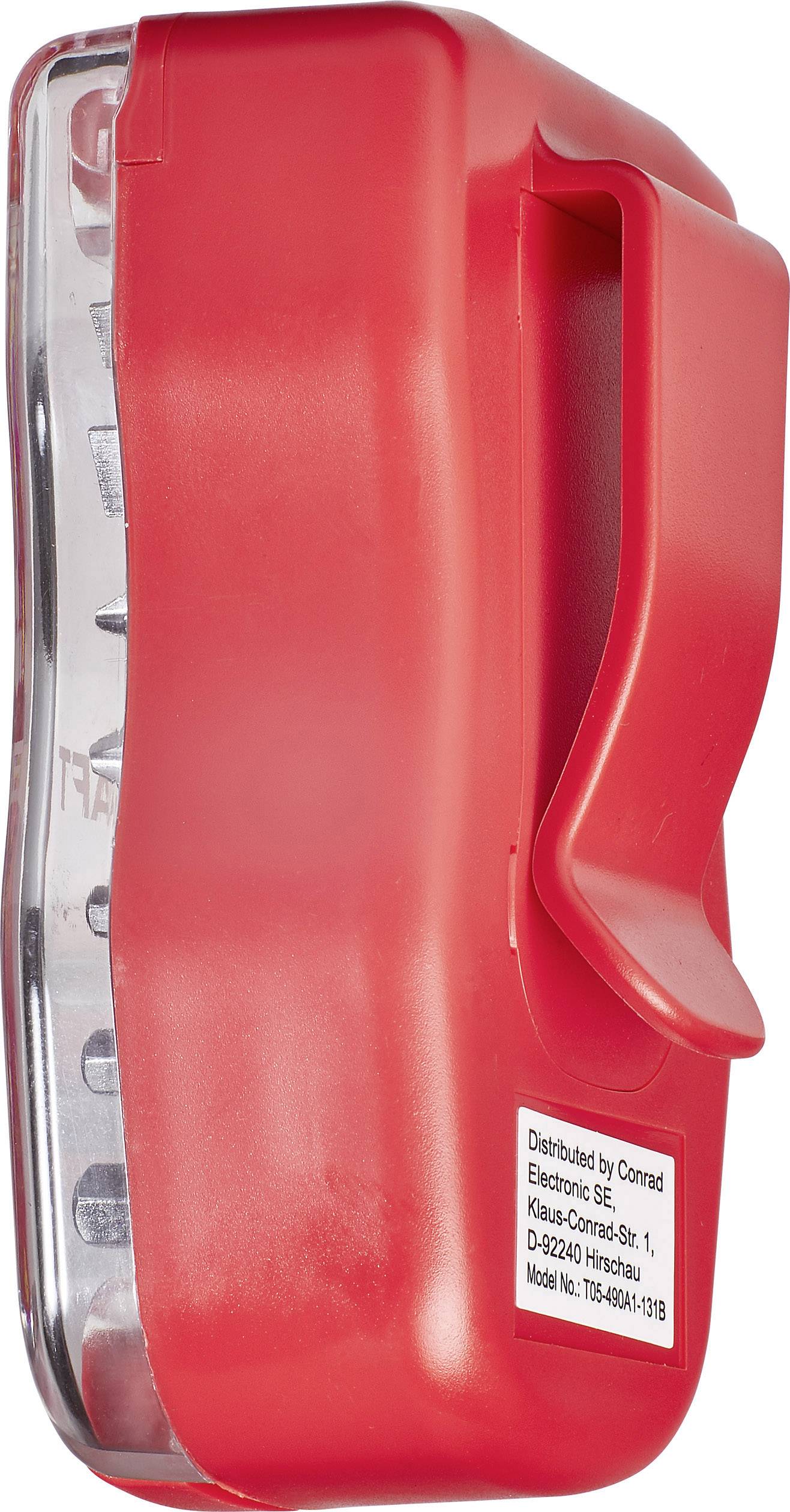 Rote kompakte Taschenlampe mit seitlichem Clip und transparentem Frontdeckel. Eignet sich für Freihand-Befestigung.