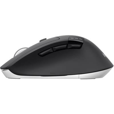 Kabellose ergonomische Computermaus in seitlicher Ansicht mit Daumentasten und Scrollrad, dunkelgrau-schwarz.