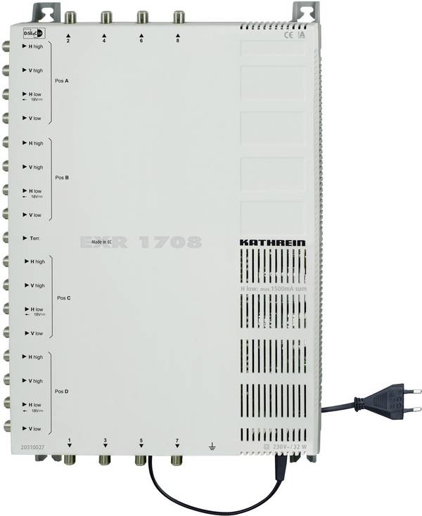 Kathrein EXR 1708 SAT Multischalter Kaskade Eingänge (Multischalter): 17 (16 SAT/1 terrestrisch) Teilnehmer-Anzahl: 8