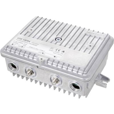 Elektronisches Gerät in einem Metallgehäuse mit mehreren Anschlüssen an der Unterseite, möglicherweise ein Verstärker oder eine Steuerungseinheit.