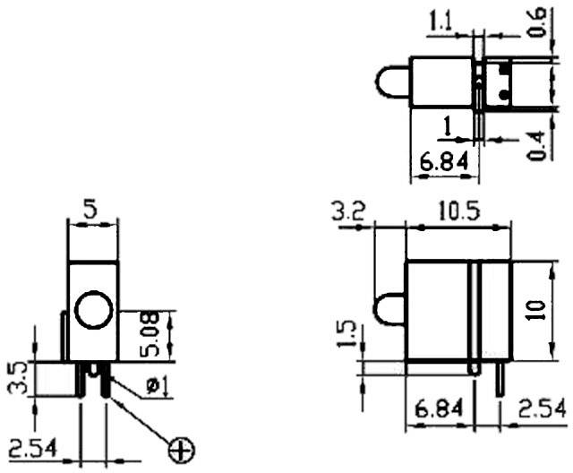 Technische Zeichnung eines elektrischen Bauteils mit exakten Maßangaben in Millimetern in Seiten- und Frontalansicht.