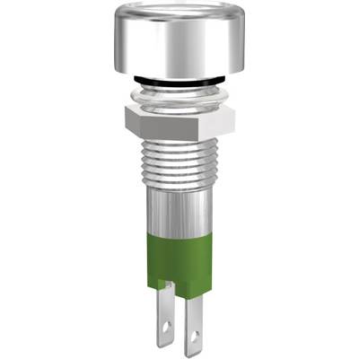 Ein runder, metallischer Druckknopf mit grünem Sockel und Gewindeanschluss zur Befestigung, geeignet für elektrische Schaltanwendungen.