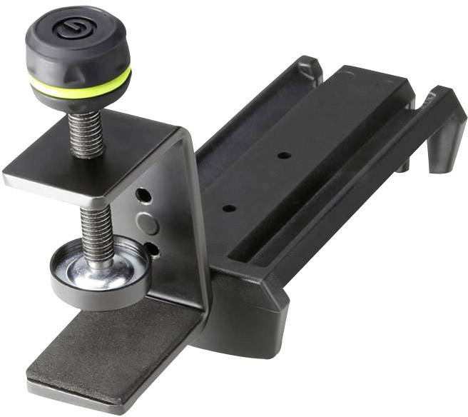 Ein schwarzes, verstellbares Spannwerkzeug mit grünem Akzent oben. Wird verwendet, um Materialien sicher zu fixieren.