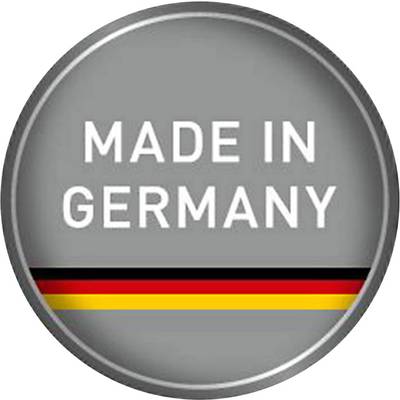 'Made in Germany' in weißer Schrift auf grauem Hintergrund. Darunter Schwarz-Rot-Gold Streifen als Darstellung der deutschen Flagge.