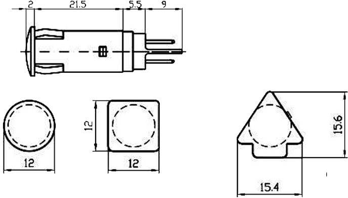 Diagramm zeigt technische Zeichnungen eines elektronischen Steckers mit Abmessungen: Länge 21,5 mm, Breite 12 mm, Höhe 15,6 mm.