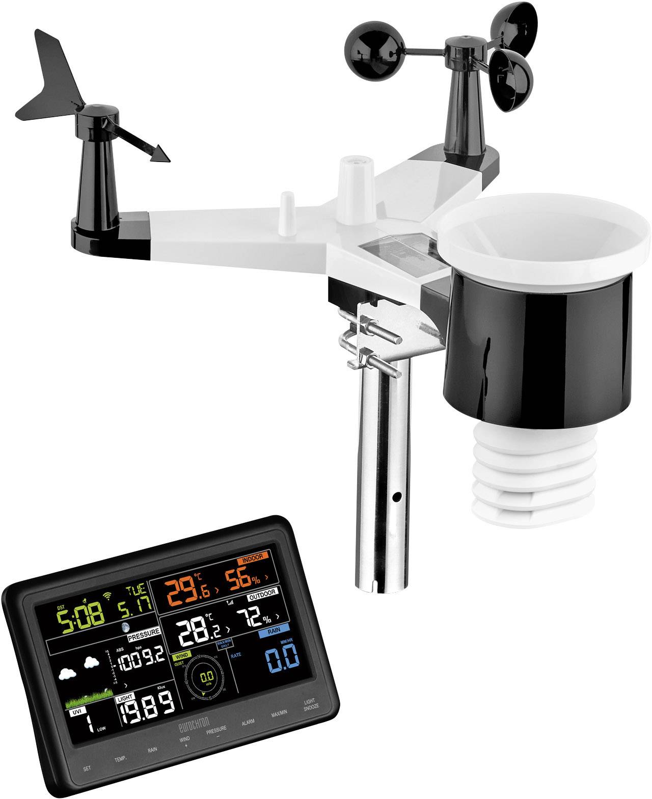 Wetterstation mit Display zeigt Temperatur, Luftfeuchtigkeit und Wettervorhersage. Sensoren messen Windrichtung, -geschwindigkeit und Niederschlag.