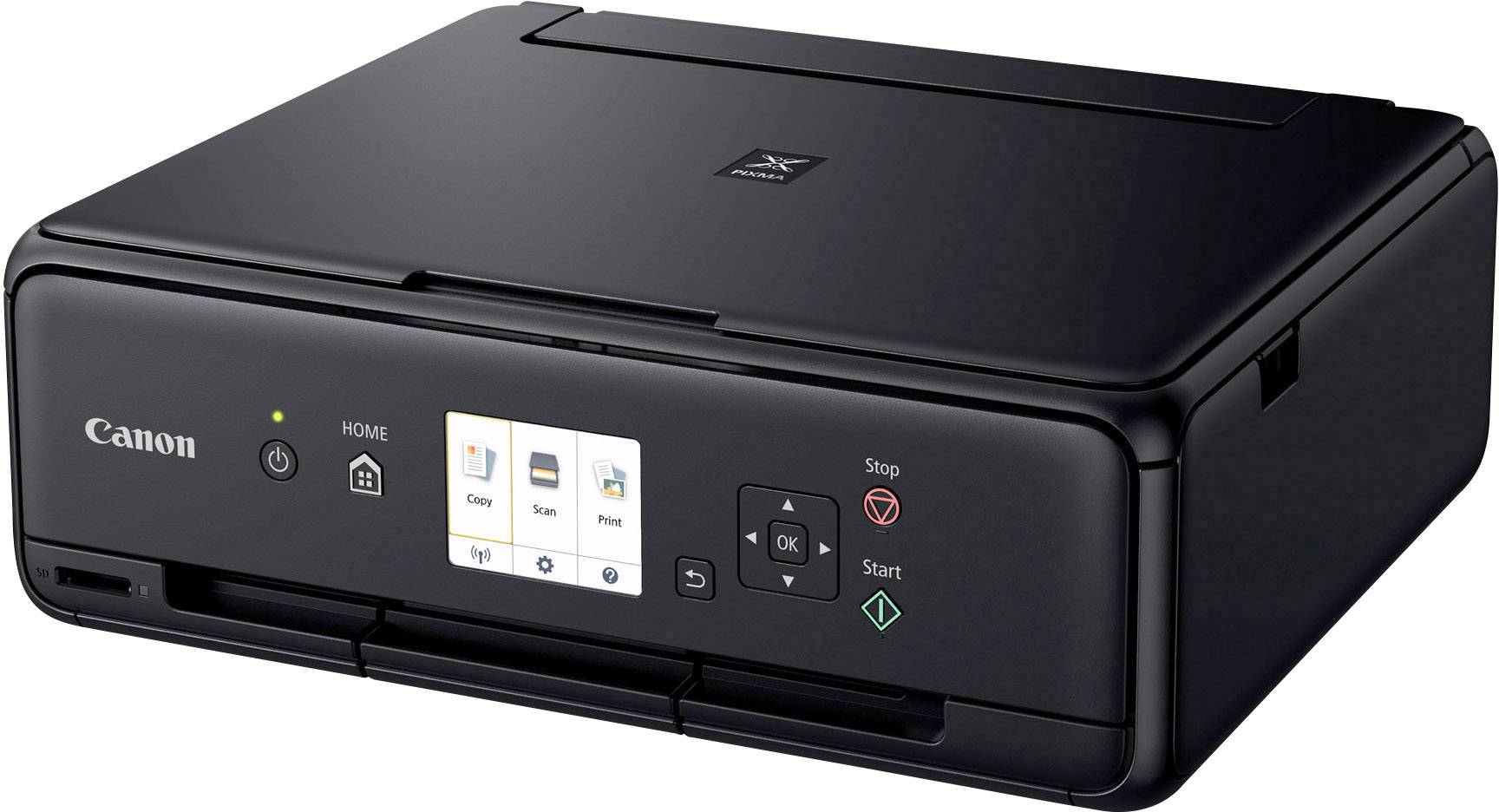 Ein schwarzer Multifunktionsdrucker mit Touchscreen zur Auswahl von 'Kopieren', 'Scannen' und 'Drucken'.