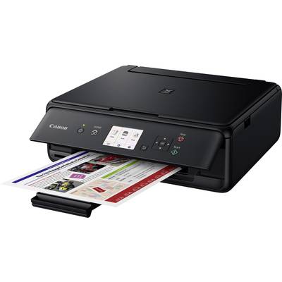 Ein schwarzer Drucker druckt eine farbige Seite mit Text und Grafiken. Der Drucker hat ein Bedienfeld mit Tasten und Display.