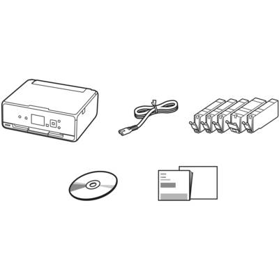 Ein Drucker-Setup-Kit, bestehend aus einem Drucker, USB-Kabel, vier Tintenpatronen, einer CD und Benutzerhandbüchern.