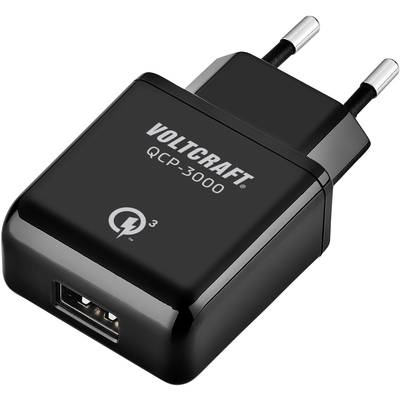 Schwarzes Ladegerät 'VOLTCRAFT QCP-3000' mit USB-Anschluss und europäischem Steckertyp.