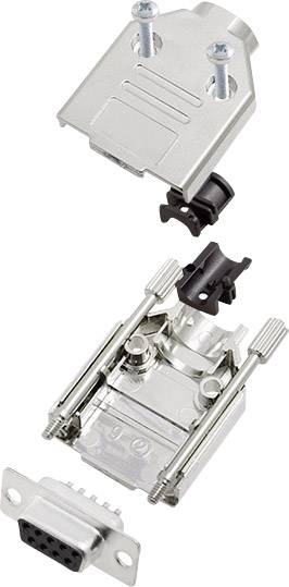 Ein auseinandergebauter DB9-Stecker aus Metall mit sichtbaren Schrauben und Klemmen, zeigt den inneren Aufbau und Anschlussmöglichkeiten.