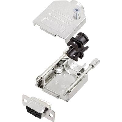 Metallgehäuse für VGA-Stecker in Einzelteilen gezeigt: obere Abdeckung, Halterung, Schraubverbindungen und Steckerbuchse.