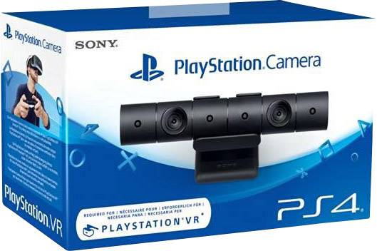 PlayStation-Kamera für PS4-Verpackung, zeigt die Kamera mit dualen Linsen. Enthält Texte in mehreren Sprachen über VR-Kompatibilität.