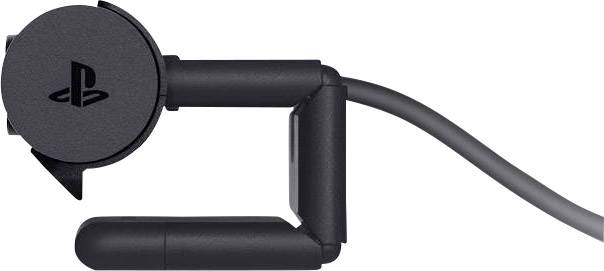 Eine schwarze PlayStation-Kamera mit einem runden Objektiv und einem C-förmigen Ständer, seitlich abgebildet.