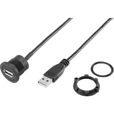 Ein schwarzes USB-Kabel mit einem Buchsenanschluss und einem USB-Stecker. Daneben sind ein Befestigungsring und eine Dichtung zu sehen.