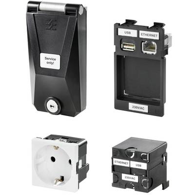 Bild zeigt elektronische Komponenten: Schaltschrank-Schloss, USB- und Ethernet-Anschlüsse, Steckdose, modulare Steckvorrichtungen.