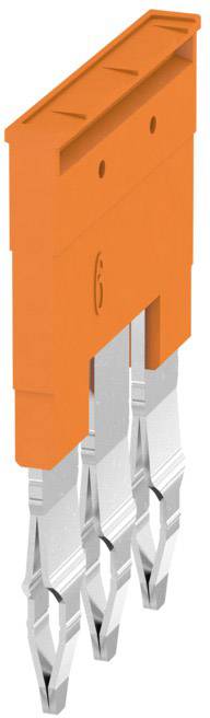 Ein orangefarbenes mechanisches Bauteil mit vier silbernen Kontaktstiften, die nach unten zeigen.