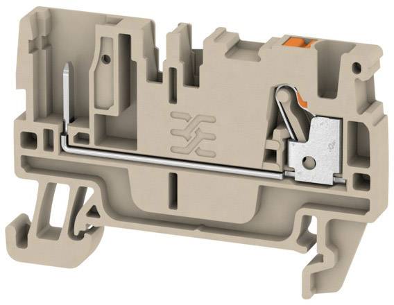 Ein Querschnitt eines beige farbenen elektrischen Klemmenblocks mit Metallelementen, der zum Verbinden von Kabeln in elektrischen Schaltungen verwendet wird.