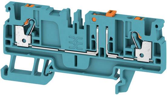 Elektrische Reihenklemme in Türkis mit metallischen Verbindern und orangefarbenen Hebeln. Sie dient der sicheren Verkabelung in Schaltschränken.
