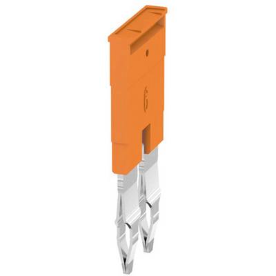 Eine orangefarbene Sicherung mit zwei silbernen Metallkontakten, typisch für den Einsatz in elektronischen Geräten zur Stromunterbrechung.