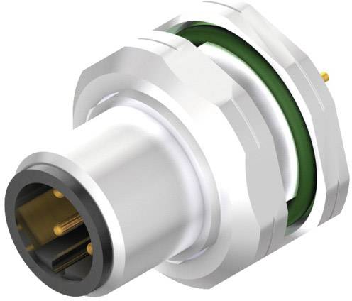 Ein metallischer Steckverbinder mit rundem Gehäuse, grüner Dichtung und mehreren goldfarbenen Kontakten für elektrische Verbindungen.