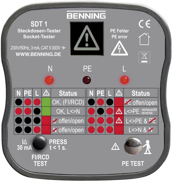 Benning SDT 1 Steckdosentester CAT III 300 V LED, LCD