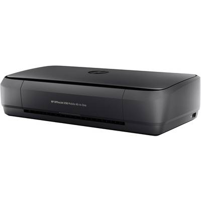 Ein kompakter, schwarzer mobiler All-in-One Drucker von HP, Modell 120, auf einer weißen Fläche. Ideal für unterwegs drucken.