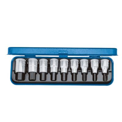 Ein metallener Steckschlüssel-Satz in einer blauen Box. Enthält neun verschiedene Größen von Steckaufsätzen, die in einer Reihe angeordnet sind.