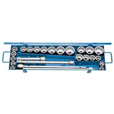 Ein blauer Metallkasten mit Sortimentsfächern, gefüllt mit Stecknüssen und Ratschenverlängerungen.