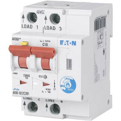 Ein Kombischutzschalter der Marke Eaton mit elektronischen Bauteilen und Schaltknöpfen. Beschriftet mit 'LOAD' und technischen Spezifikationen.