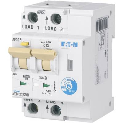 Ein FI-Schutzschalter (AFDD+) der Marke EATON, Modell AFDD-13/2/C/001, mit zwei gelben Kippschaltern und blauer Markierung.