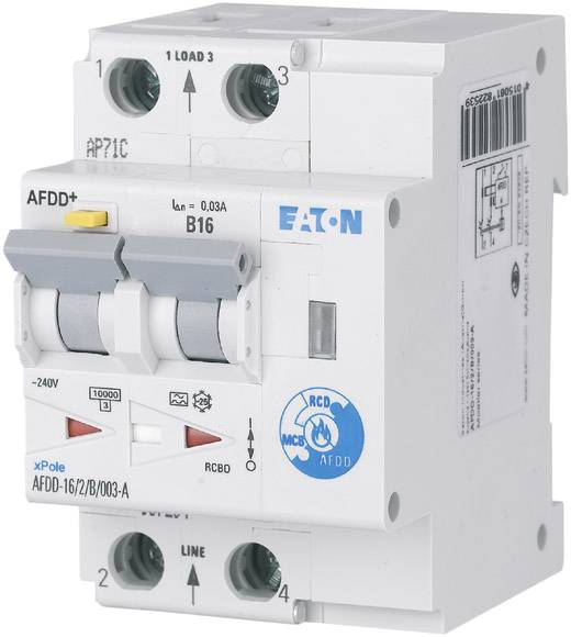 Leitungsschutzschalter mit FI-Schutz und Lichtbogenfehler-Schutzmodul. Beschriftung: 'xPole AFDD+ B16'. Hersteller: Eaton.