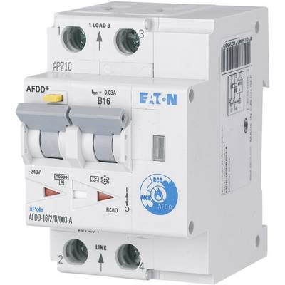 Ein Miniatur-Leistungsschutzschalter mit blauer Beschriftung 'Eaton', Kippschalter und Schraubklemmen, geeignet für elektronische Installationen.