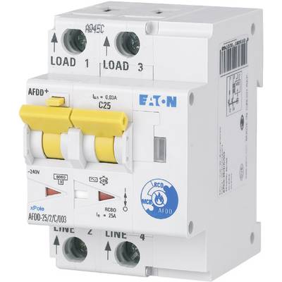 Ein elektrischer Leitungsschutzschalter mit gelben Schaltern, beschriftet als AFDD+ C25. Herstellername ist sichtbar.