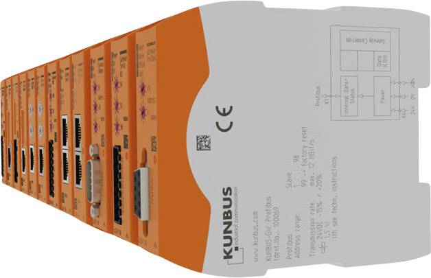 Mehrere orangefarbene elektronische Module der Marke KUNBUS, konzentriert auf industrielle Kommunikationstechnik.