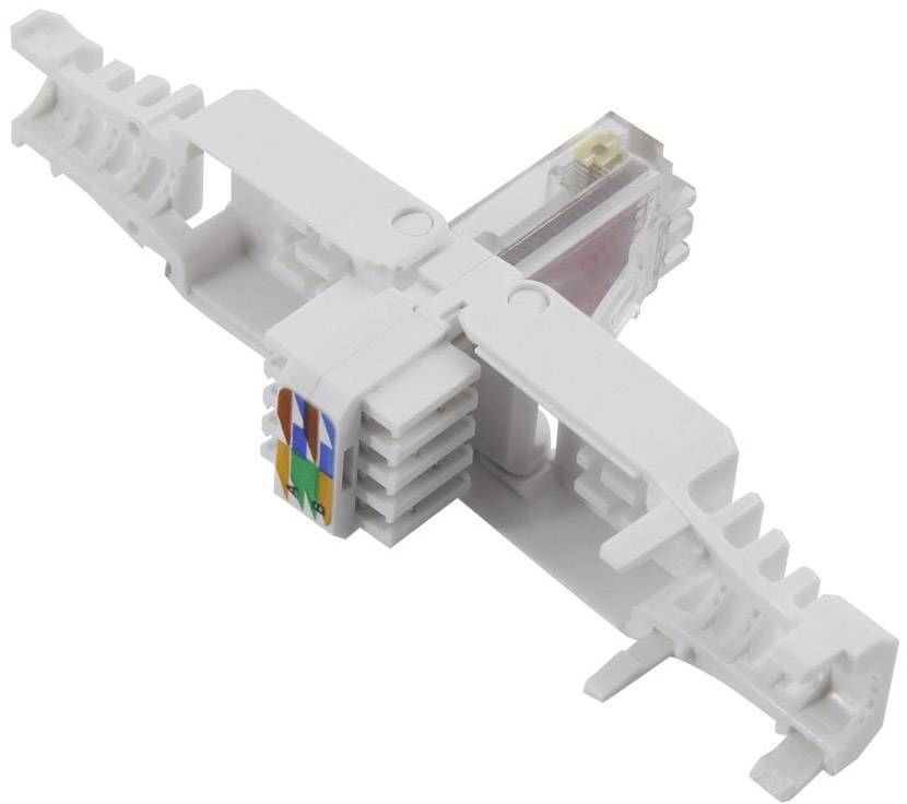 Ein weißer Netzwerkanschlussadapter für Ethernet-Kabelinstallation mit farbcodierten Kontakten zur Kabelverdrahtung.