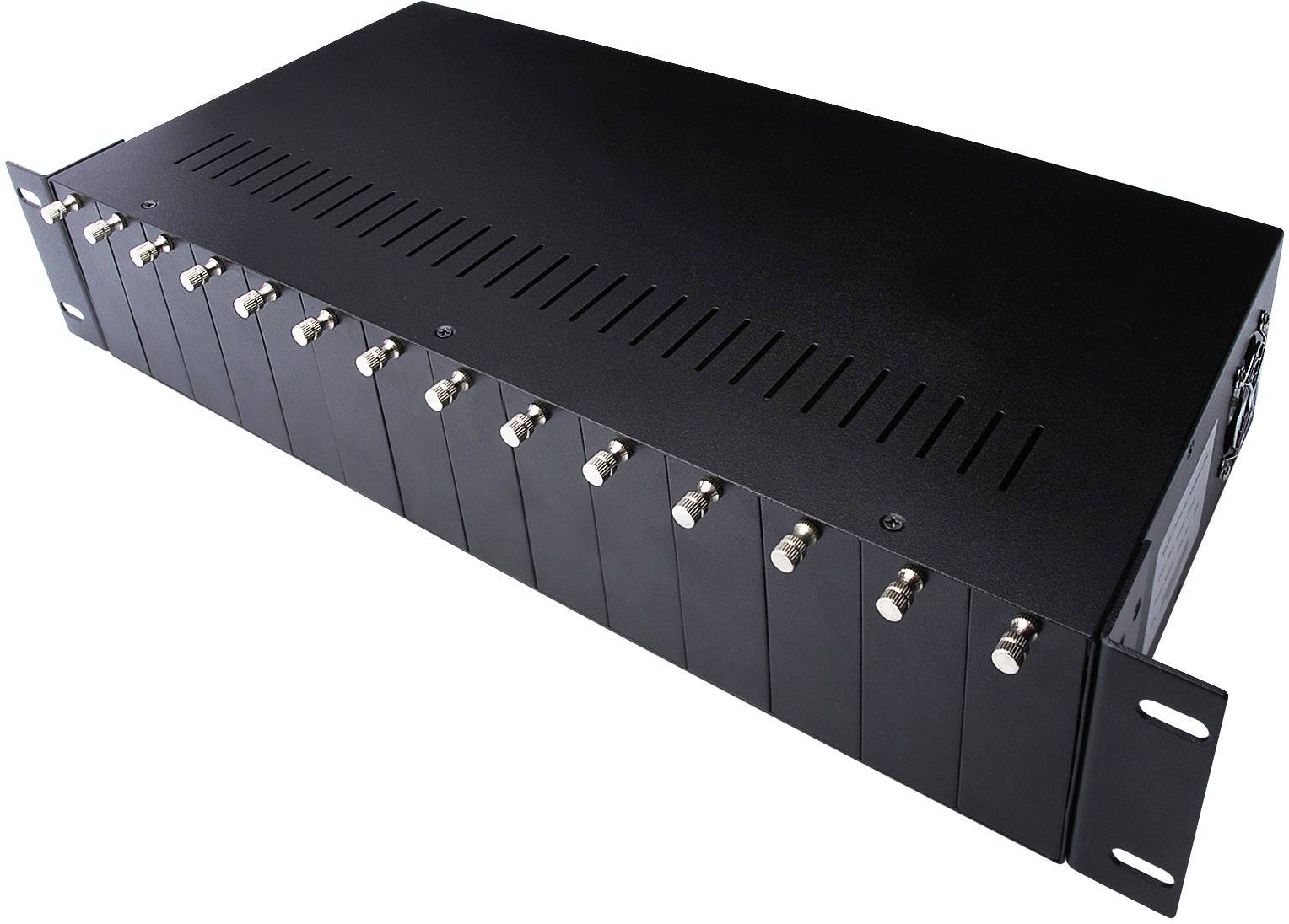 Schwarzes, rechteckiges Rackmount-Gehäuse mit mehreren Koaxialanschlüssen an der Vorderseite, geeignet für Server- oder Netzwerkeinsätze.