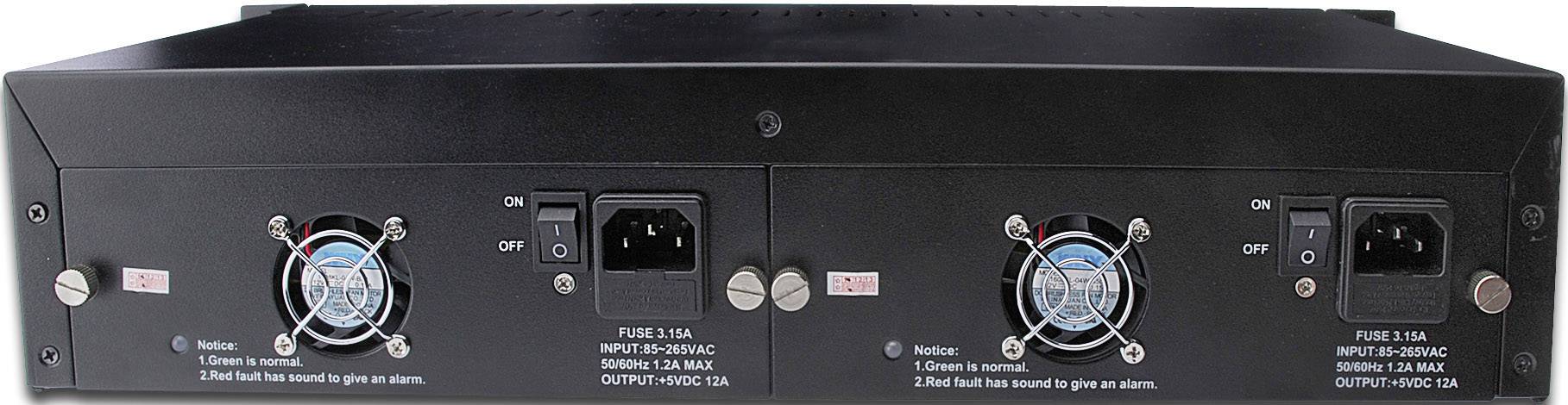 Rückseite eines elektrischen Geräts mit zwei Lüftern, Ein-/Ausschaltern und Steckdosen für die Stromversorgung. Hinweistext sichtbar.