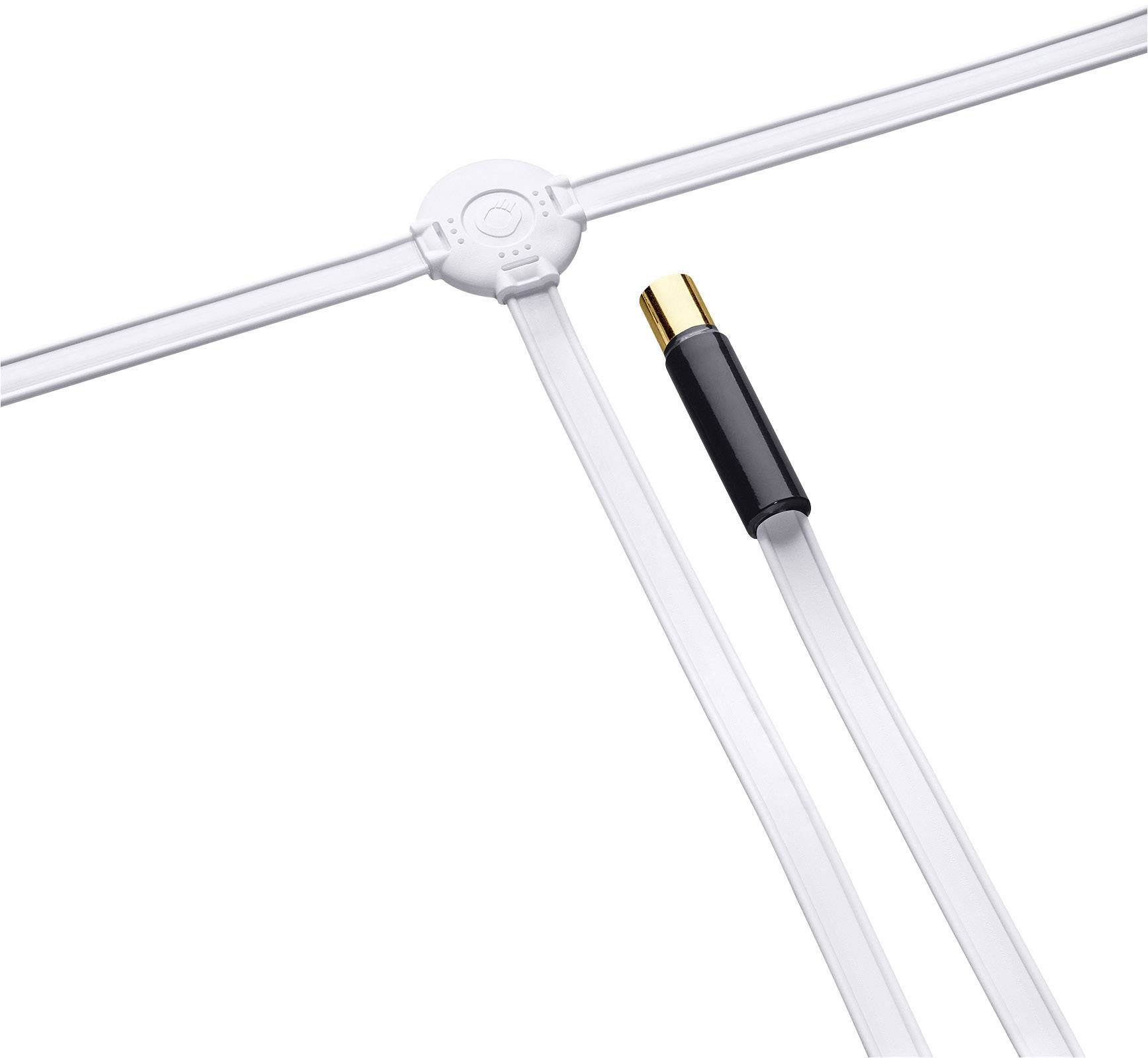 Ein weißes Koaxialkabel mit vergoldetem Stecker an einem Verteileranschluss. Verwendet zur Verbindung von TV- oder Antennensignal.