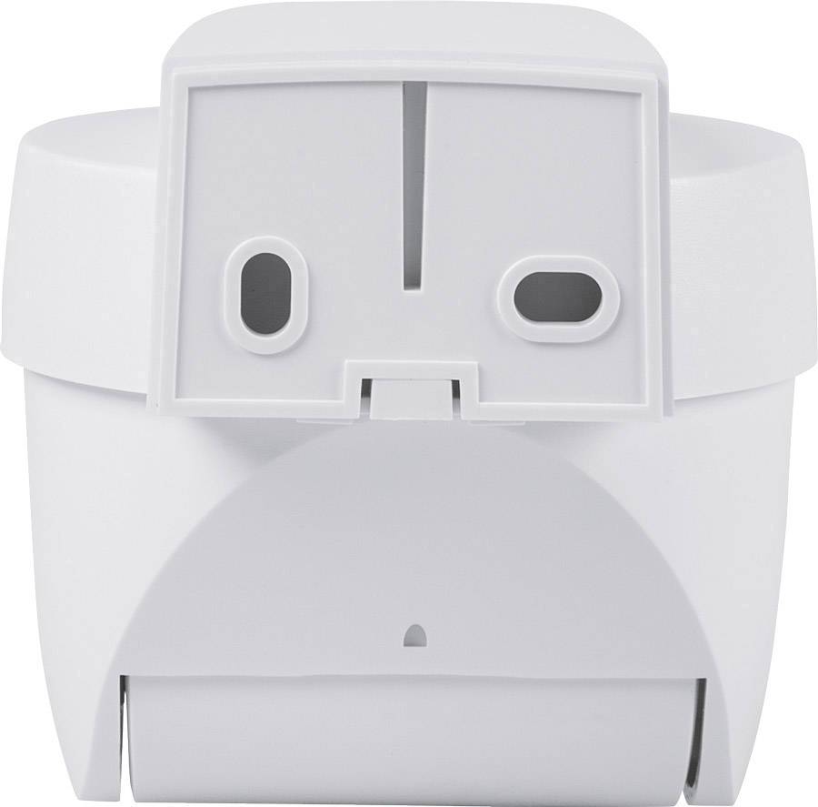 Weißer Kunststoffeinsatz mit zwei quadratischen Öffnungen oben und einem zusätzlichen Loch unten. Schlichtes Industriedesign.