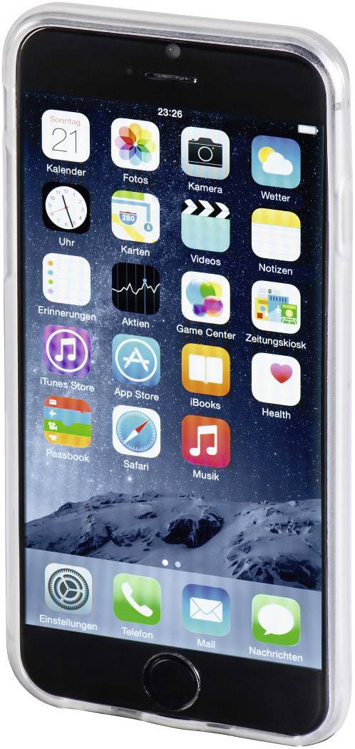 Ein Smartphone mit mehreren App-Symbolen auf dem Display, darunter Kalender, Fotos, Karten, und Wetter. Es zeigt 23:26 Uhr an.