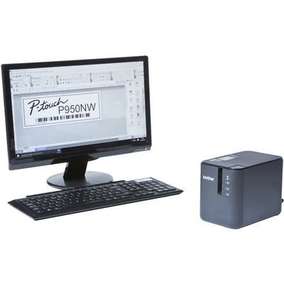 Ein Computer mit Monitor zeigt das Etikettendesign-Programm für einen Etikettendrucker. Daneben steht der Etikettendrucker selbst.