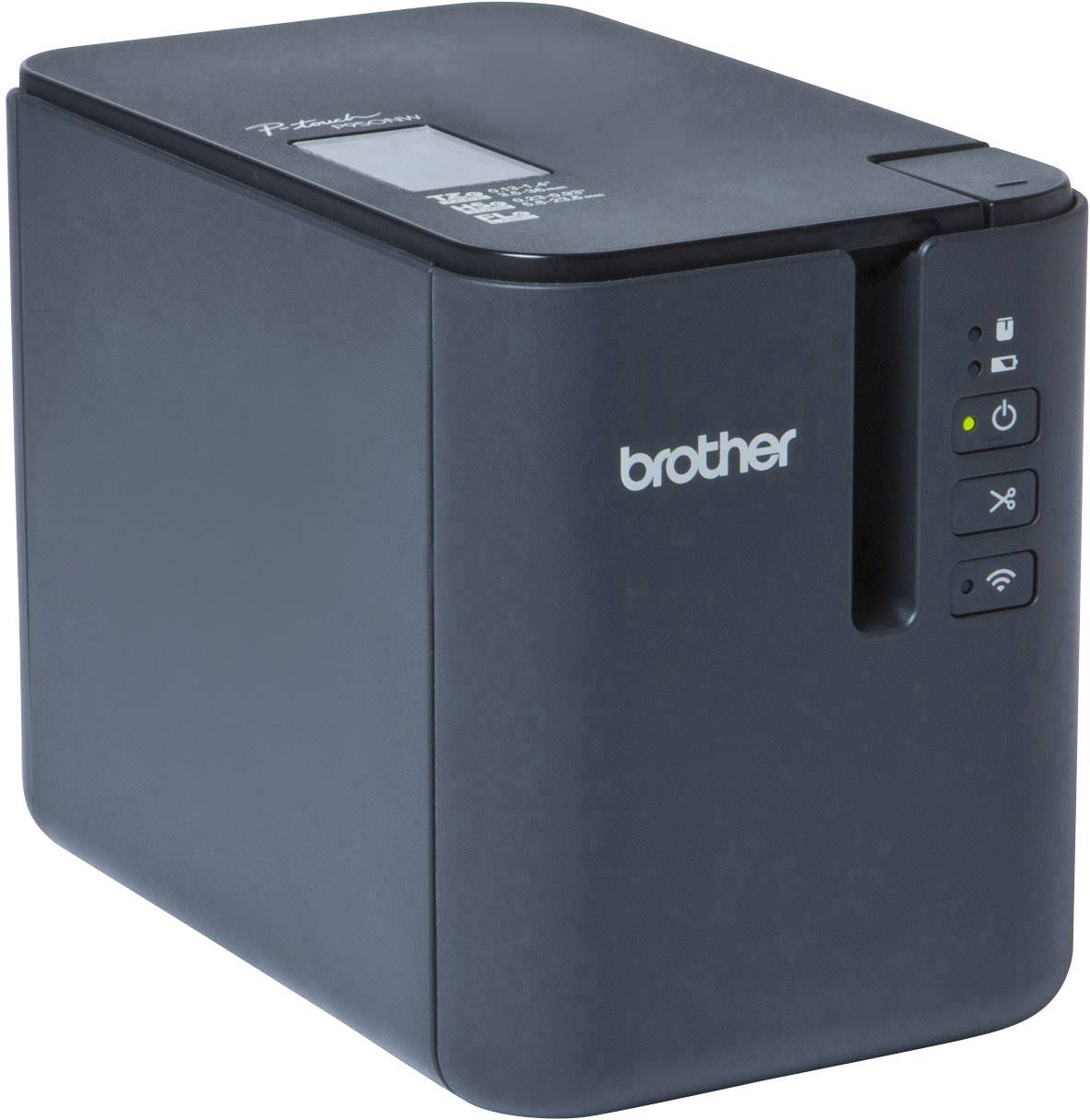 Ein schwarzer Brother Etikettendrucker mit WLAN-Funktion, drei Tasten und einer Statusanzeige auf der Vorderseite.