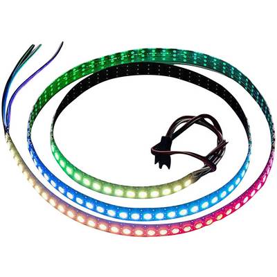 LED-Streifen in verschiedenen Farben leuchten in Grün, Blau und Rot. Stromkabel sind angeschlossen.