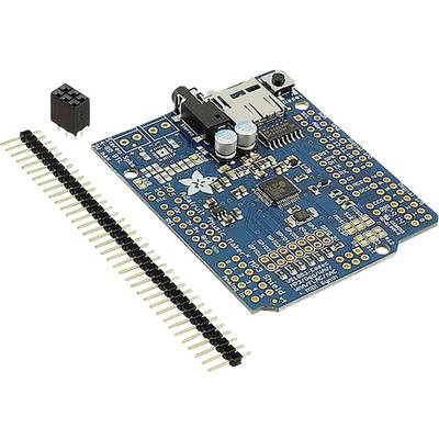 Ein blaues Elektronik-Board mit zahlreichen elektronischen Komponenten, neben einem Stiftleistenstecker und -leiste für Platinenmontage.