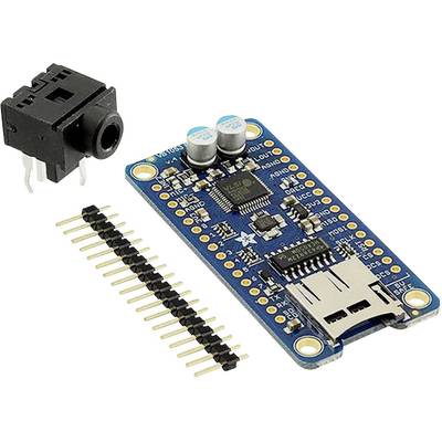 Abgebildet sind ein Mikrocontroller-Board mit einem Steckplatz für eine MicroSD-Karte, ein Pin-Header und ein kleines Bauteil mit drei Anschlüssen.